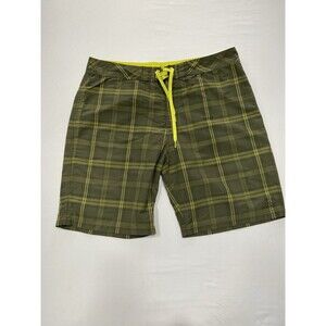 PrAna Men's Board Shorts Size 36 Green Plaid Swim Trunks UPF 50+ Nylon